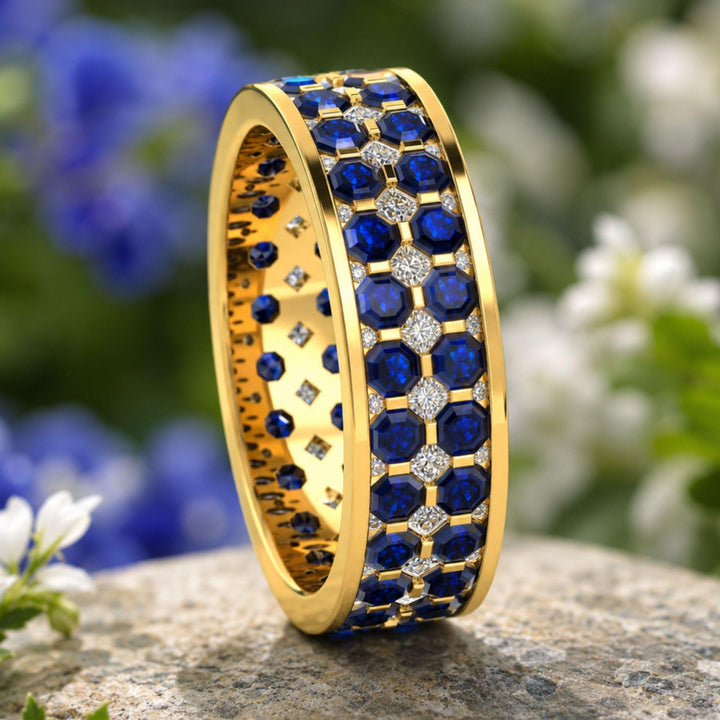 Mens Moissanite Blue Saphhire Eternity Ring, Asscher Cut Wedding Band, 14K Gold Full Eternity Stackable Ring, Anniversary Gift for Him
