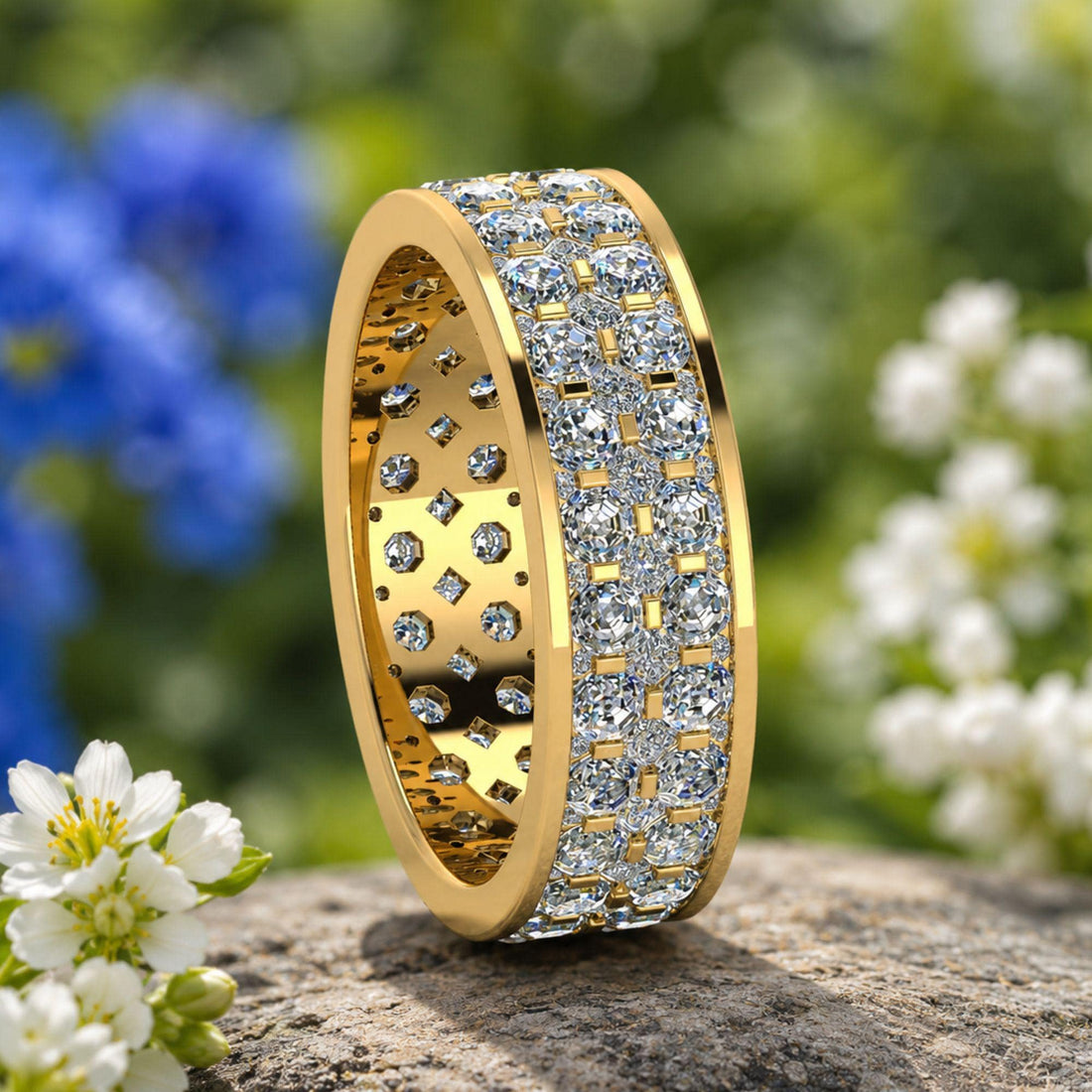 Mens Moissanite Blue Saphhire Eternity Ring, Asscher Cut Wedding Band, 14K Gold Full Eternity Stackable Ring, Anniversary Gift for Him