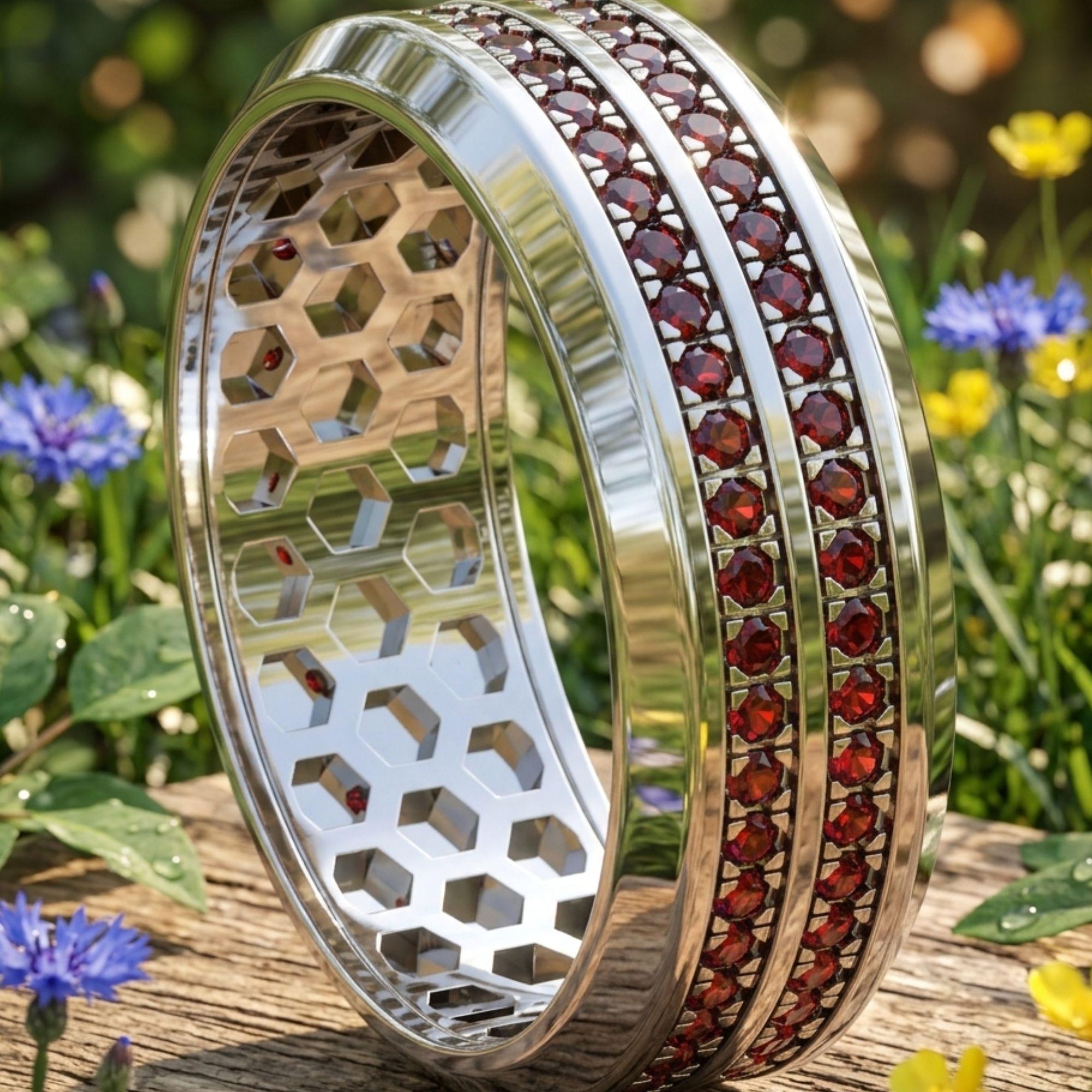 Men's Lab Grown Diamond & Garnet Eternity Ring, Round Cut Wedding Band, 14K Gold Plated Full Eternity Ring, Anniversary Gift for Him