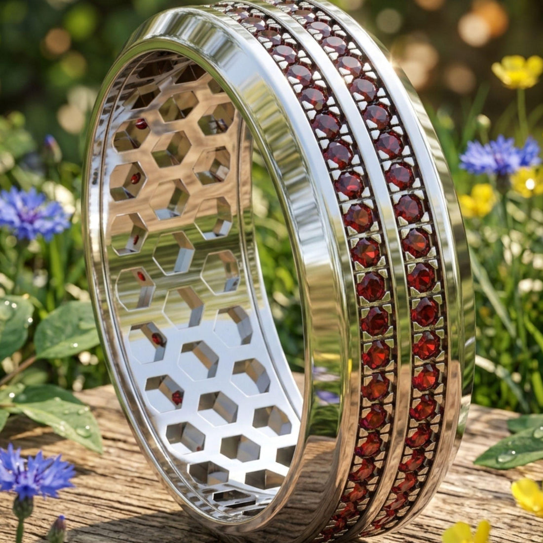 Men's Lab Grown Diamond & Garnet Eternity Ring, Round Cut Wedding Band, 14K Gold Plated Full Eternity Ring, Anniversary Gift for Him