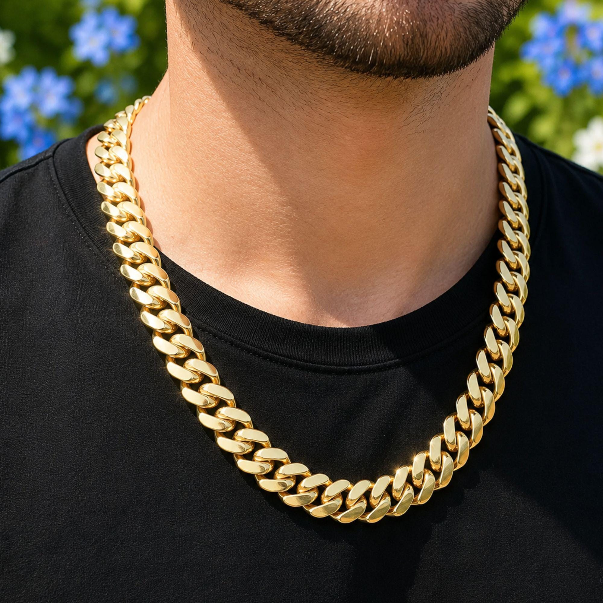 15MM Wide Cuban Link Chain Necklace: Solid 925 Sterling Silver Yellow Rhodium
