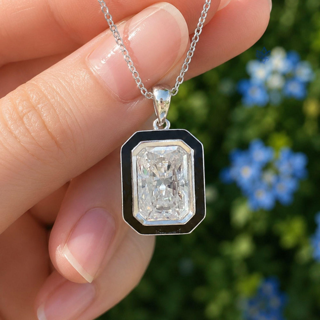 Radiant Cut Moissanite Pendant Necklace: Black Enamel Sterling Silver
