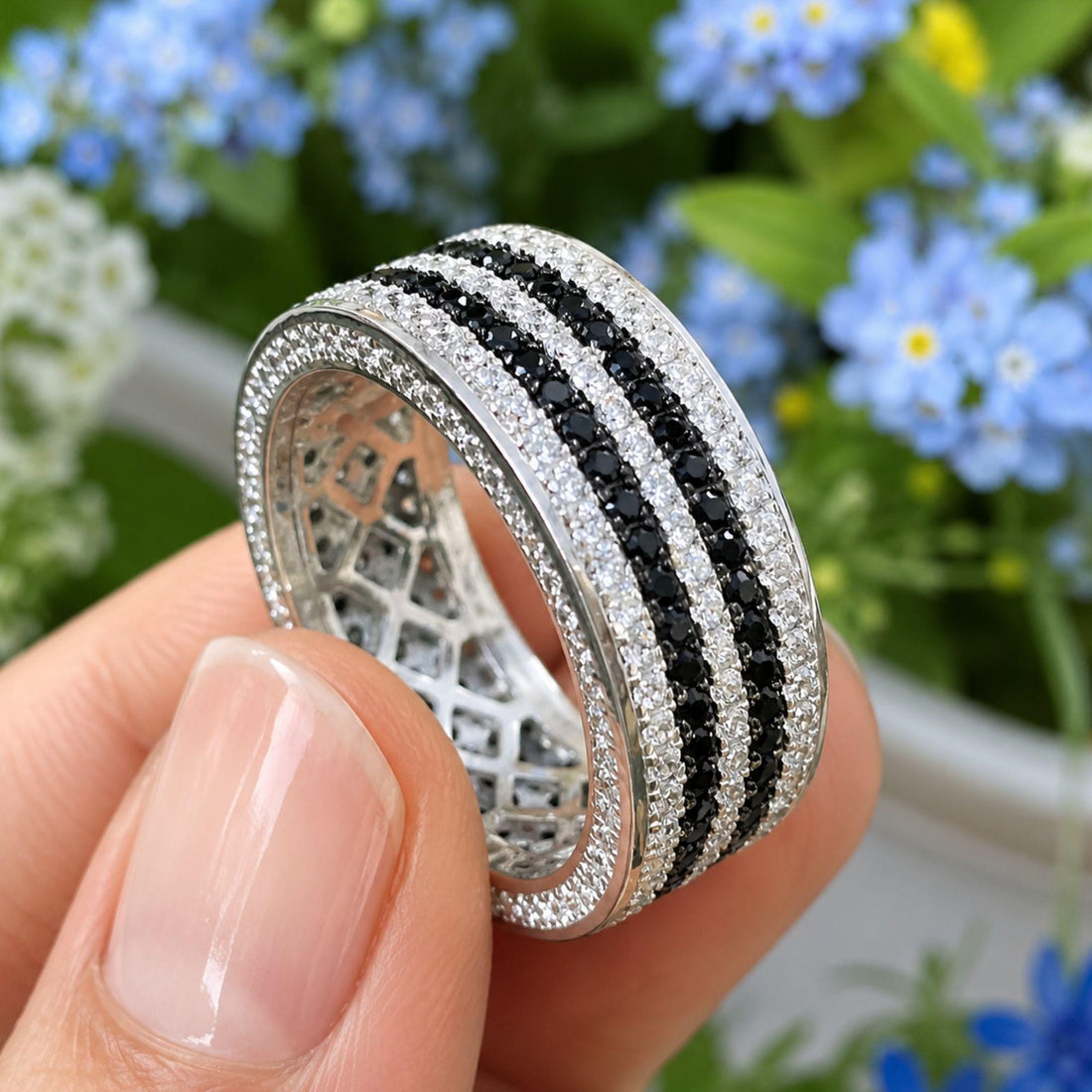 Lab Grown Diamond & Black Moissanite Mens Ring: Wide Two-Row Eternity Band