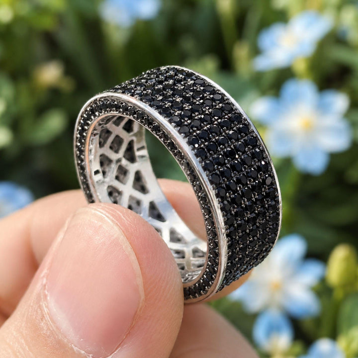 Black Moissanite Wide Band: Mens Five Row Eternity Ring