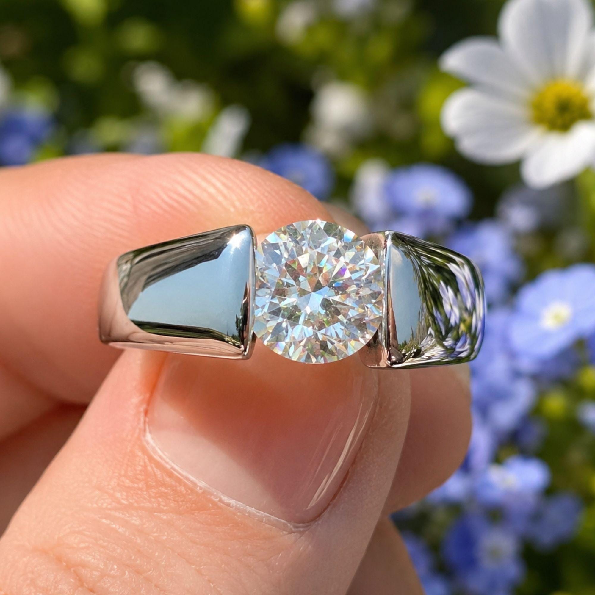 Lab Grown Diamond Mens Ring: 14K White Gold Solitaire Wedding Band