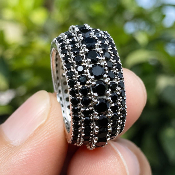 Black Moissanite Mens Eternity Band: 14K White Gold Plated Silver Wedding Ring