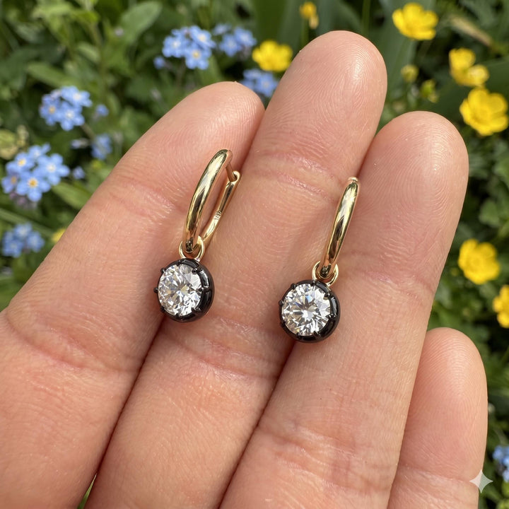 Victorian Moissanite Gypset Hoops | Antique Diamond Style Earrings Georgian Cut Down Diamond Hoop Earrings, Antique Button Back Style