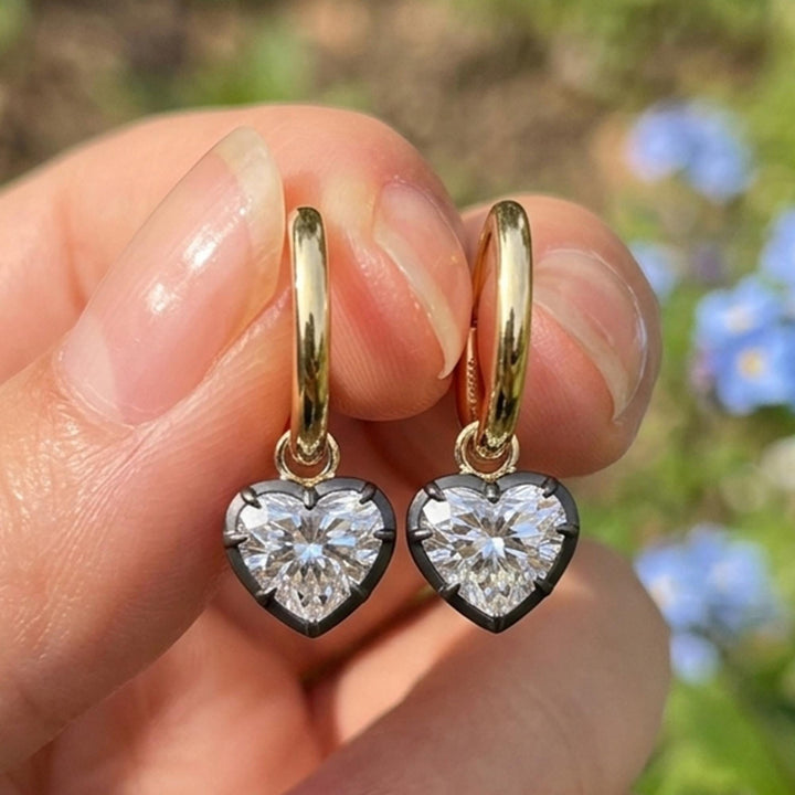 Georgian Cut Down Button Back Heart Earrings | Lab Diamond, Moissanite Hoops