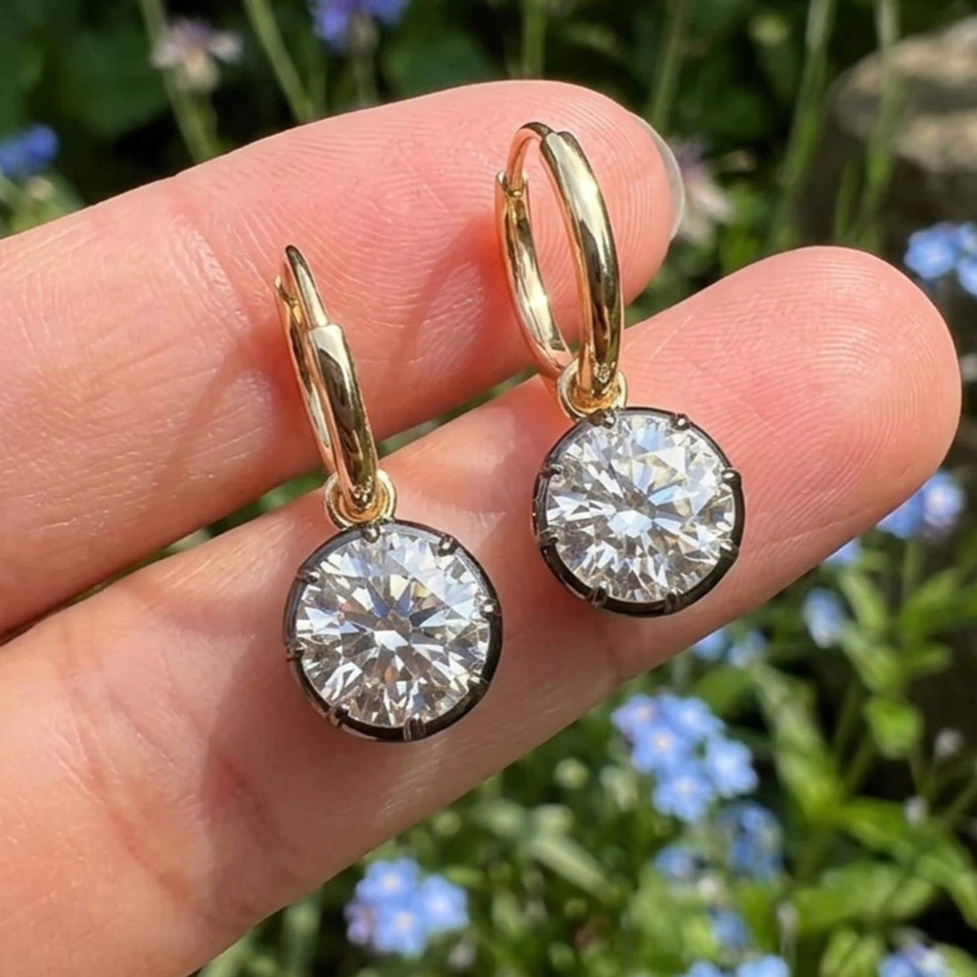 Georgian Cut Down Diamond Hoop Earrings, Victorian Bezel Moissanite Gypset Hoops, Antique Button Back Style
