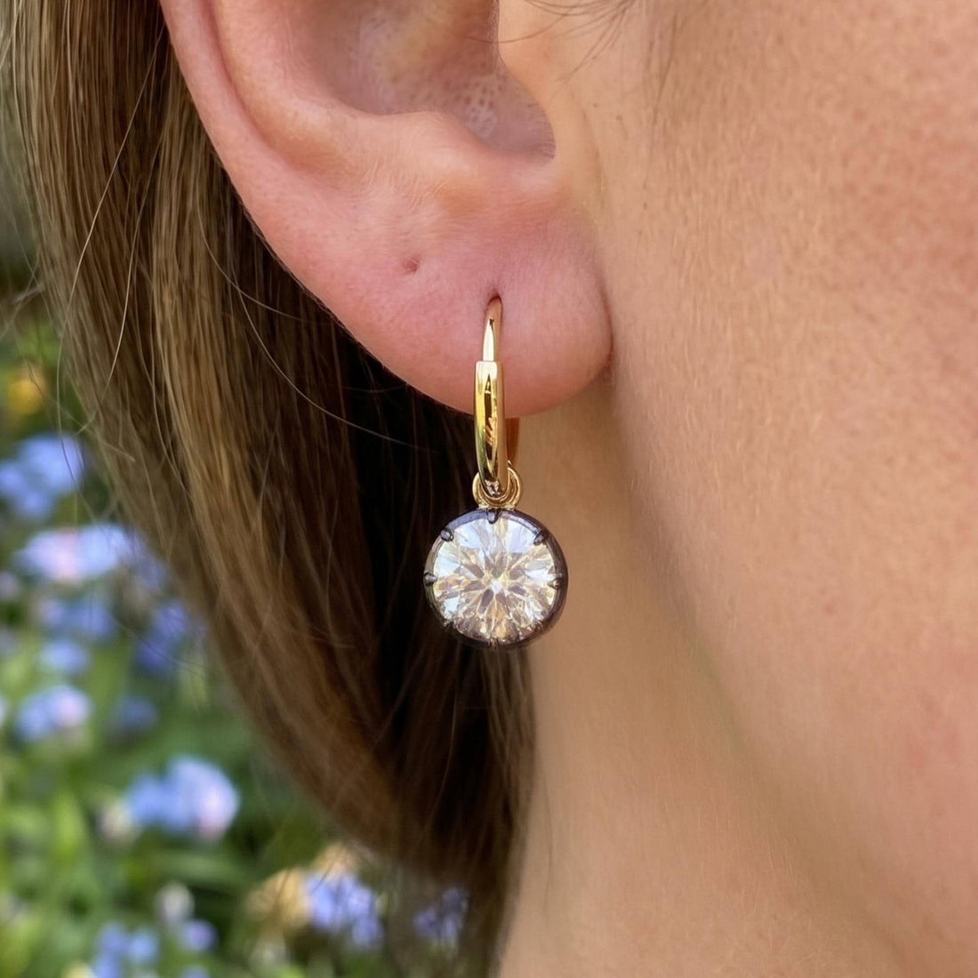 Georgian Cut Down Diamond Hoop Earrings, Victorian Bezel Moissanite Gypset Hoops, Antique Button Back Style