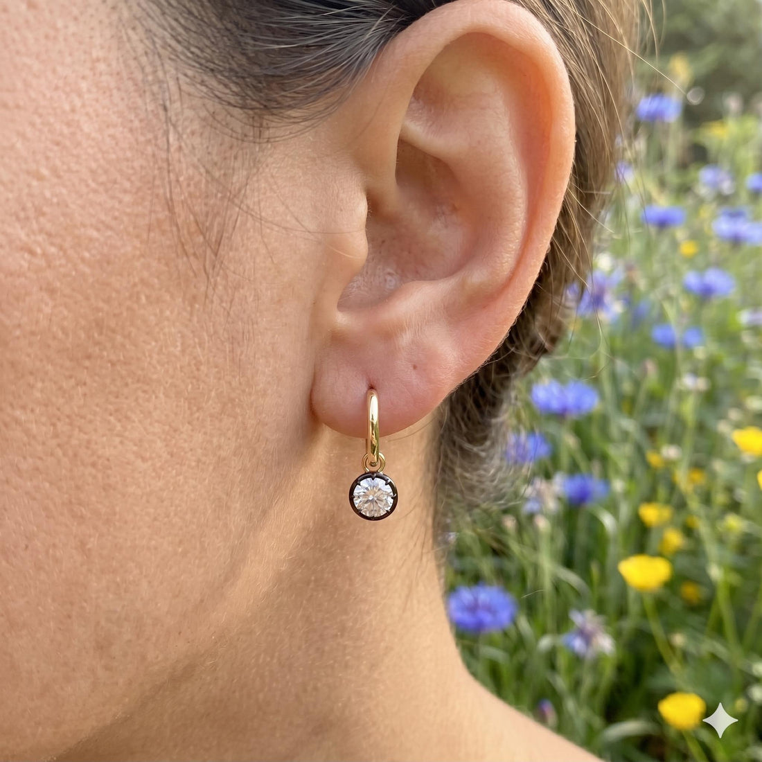 Victorian Moissanite Gypset Hoops | Antique Diamond Style Earrings Georgian Cut Down Diamond Hoop Earrings, Antique Button Back Style