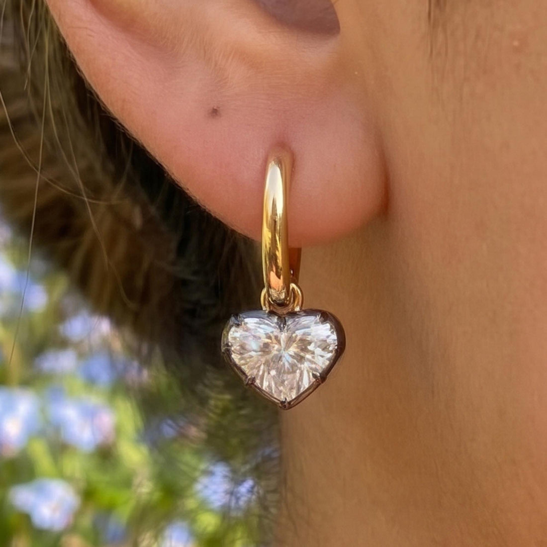 Georgian Cut Down Button Back Heart Earrings | Lab Diamond, Moissanite Hoops